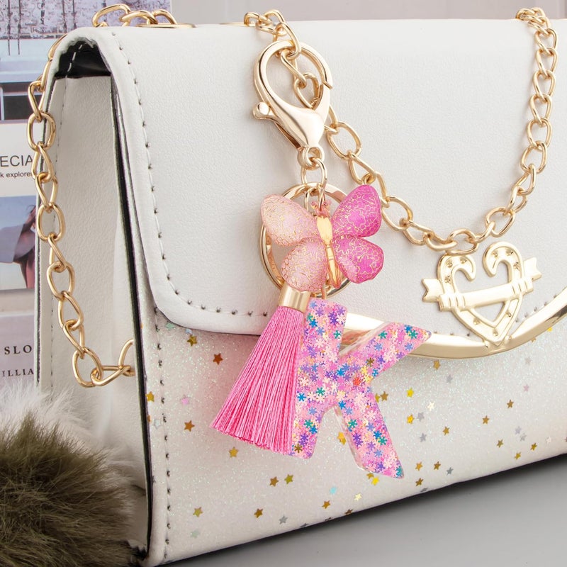Suweibuke Cute Pink Key Chains for Women Girls, Initial Letter Keychains with Tassel, Charms for Key Purse Handbags Backpacks - Image 3